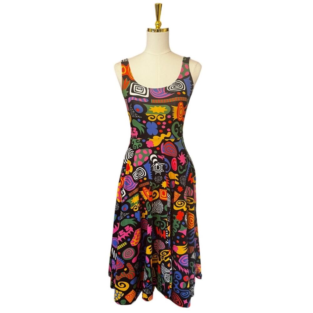 Nooworks Party Mix Vacation Dress Pop Art Print Midi Fit & Flare Pockets Size XS - Picture 2 of 5